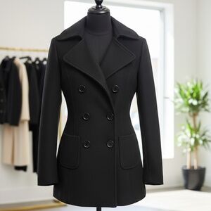 Forever 21 Black Double Breasted Peacoat Wool Blend Fitted Trench Jacket